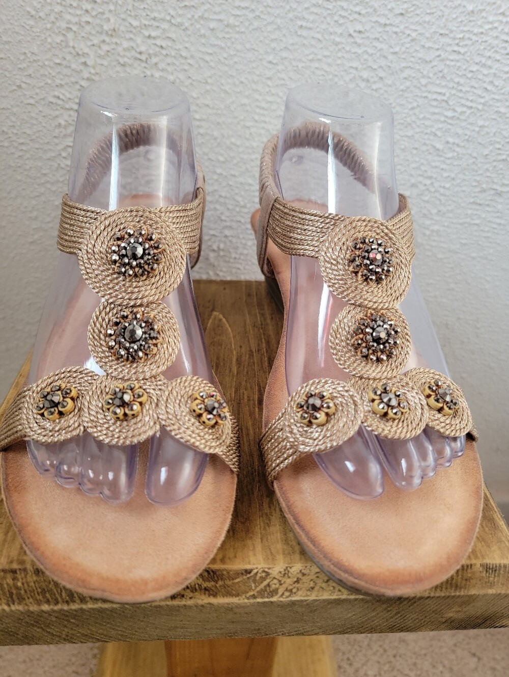 SHIBEVER Flower Rhinestone Wedge Sandals Elastic Ankle Strap Gold, Costume? US 9